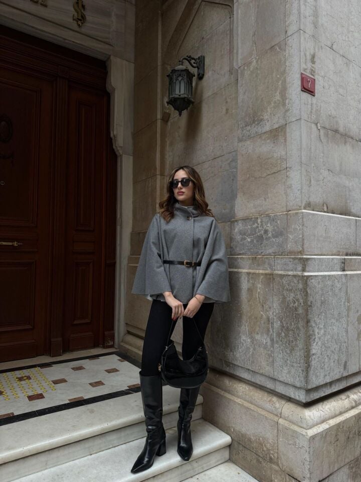 Kemerli Gri Kaşe Panço