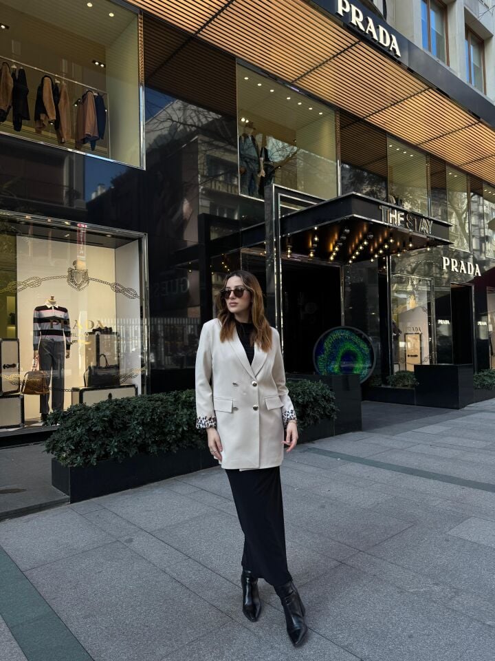 Leopar Astarlı Krem Blazer Ceket