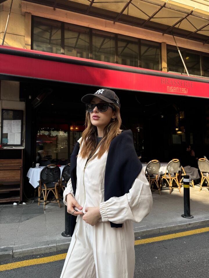 Tensel Kumaş Kapüşonlu Krem Ceket