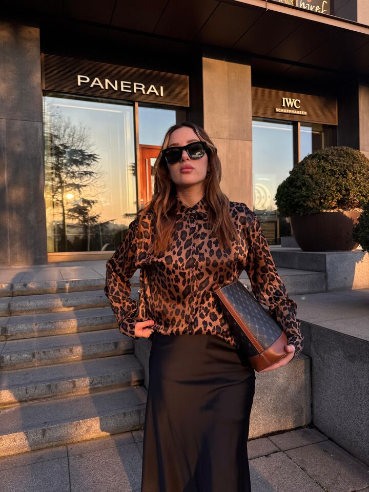 Leopar Desen Saten Gömlek