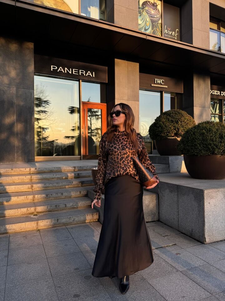 Leopar Desen Saten Gömlek