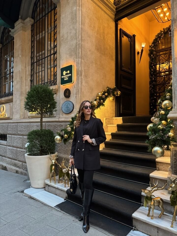 Leopar Astarlı Siyah Blazer Ceket