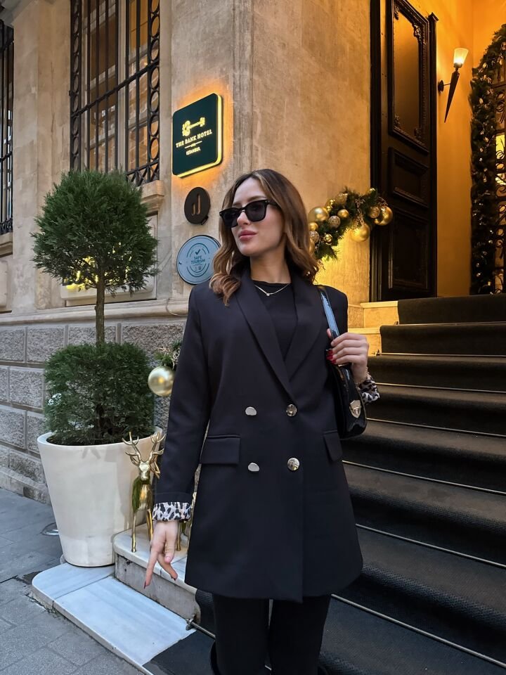 Leopar Astarlı Siyah Blazer Ceket