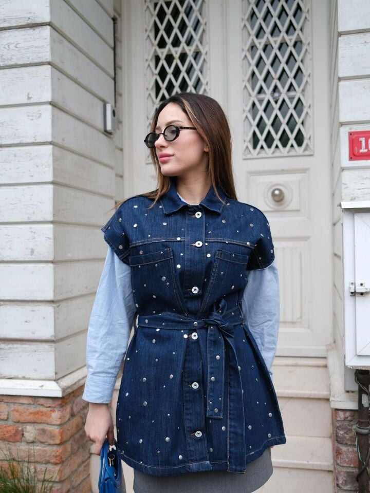 Metal Detaylı Denim Yelek