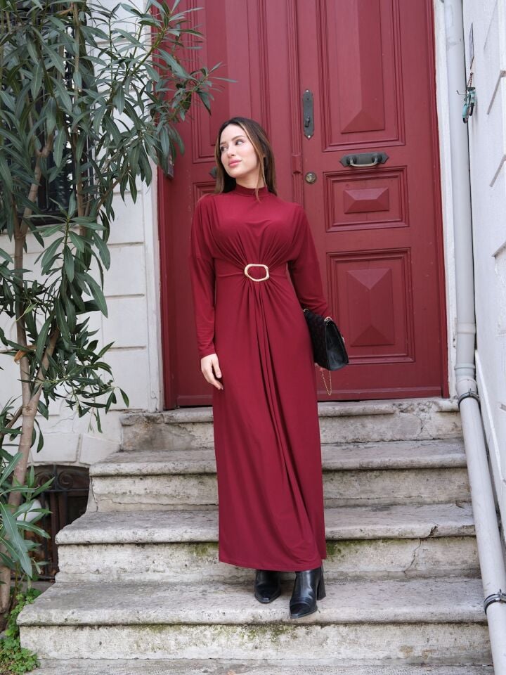 Toka Detay Bordo Sandy Elbise