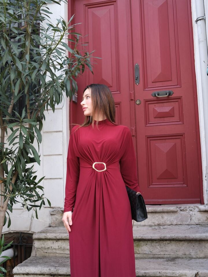 Toka Detay Bordo Sandy Elbise