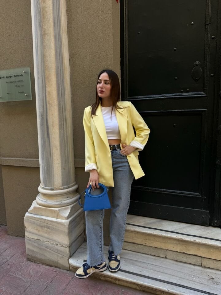 Çizgili Astar Sarı Blazer Ceket