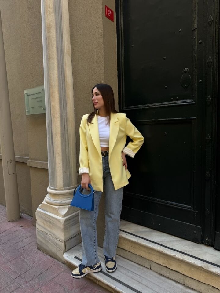 Çizgili Astar Sarı Blazer Ceket