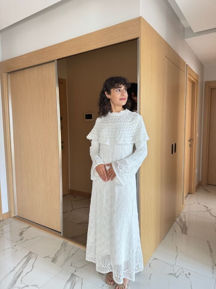 Ajurlu Triko Elbise Bej