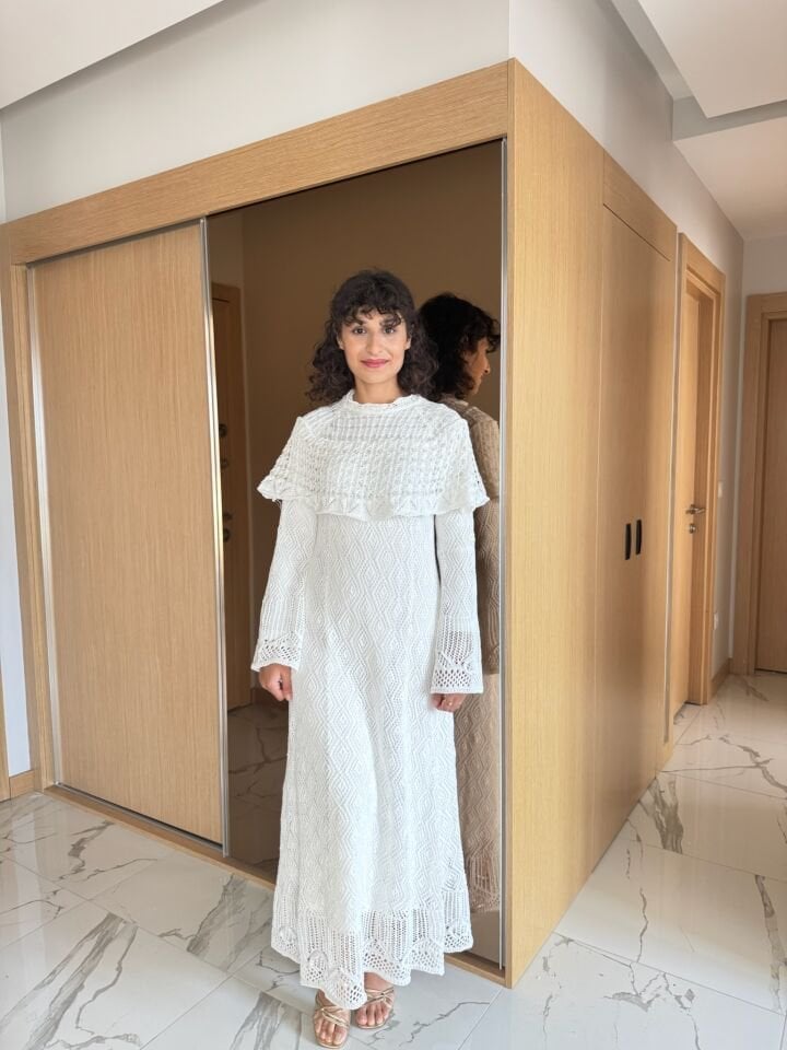 Ajurlu Triko Elbise Bej