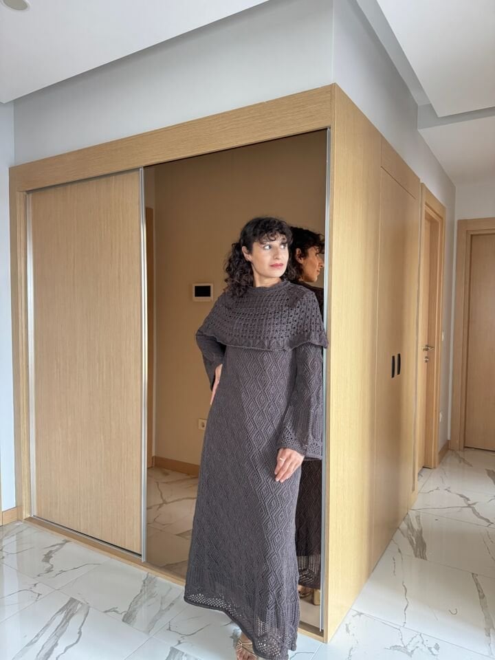 Ajurlu Triko Elbise Kahve