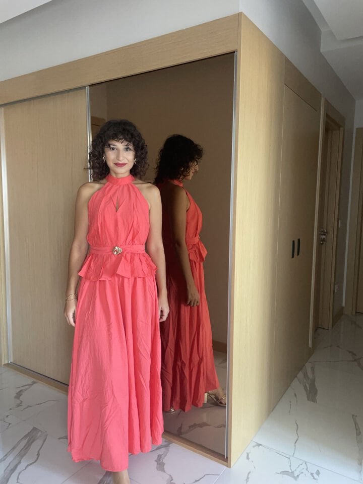 Toka Detay Hakim Yaka Bluz Etek Takım Nar Çiçeği