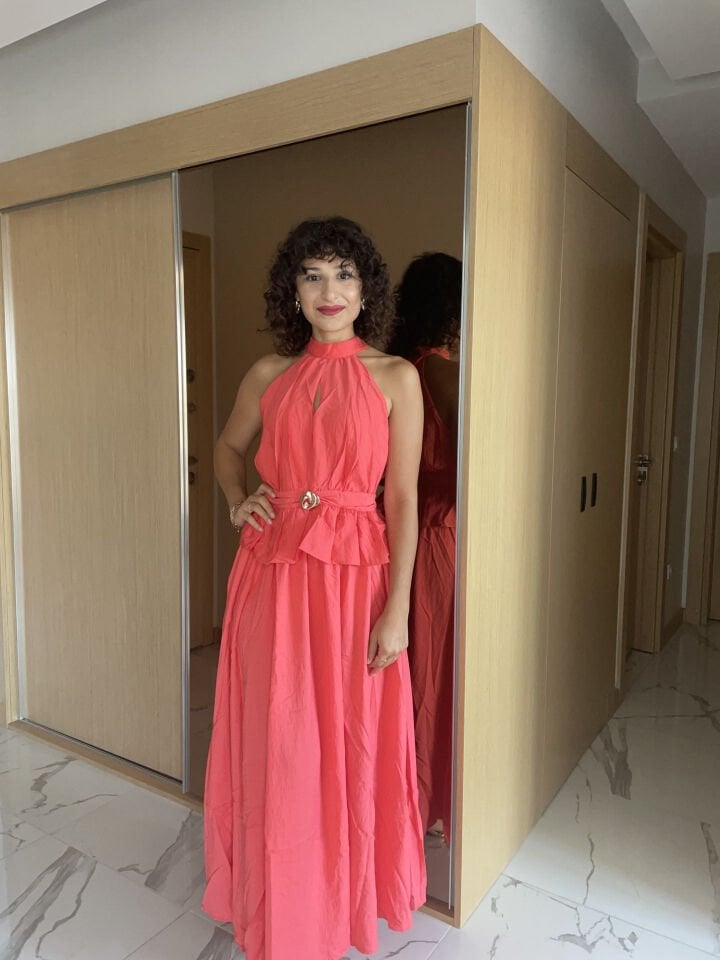 Toka Detay Hakim Yaka Bluz Etek Takım Nar Çiçeği