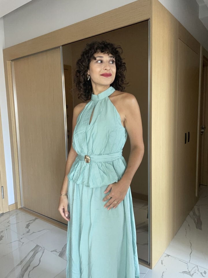 Toka Detay Hakim Yaka Bluz Etek Takım Su Yeşili