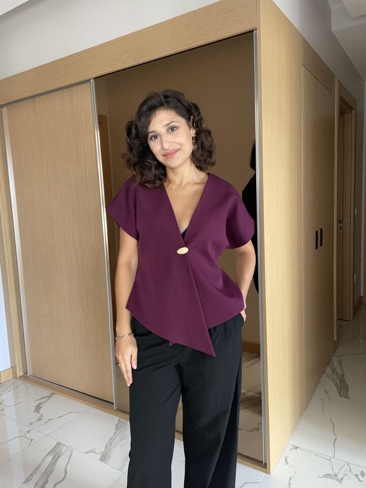 Gold Düğme Detay Mor Bluz