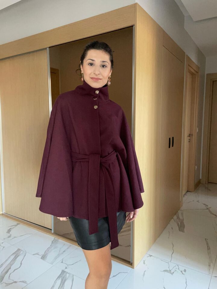 Bordo Kuşaklı Kaşe Panço
