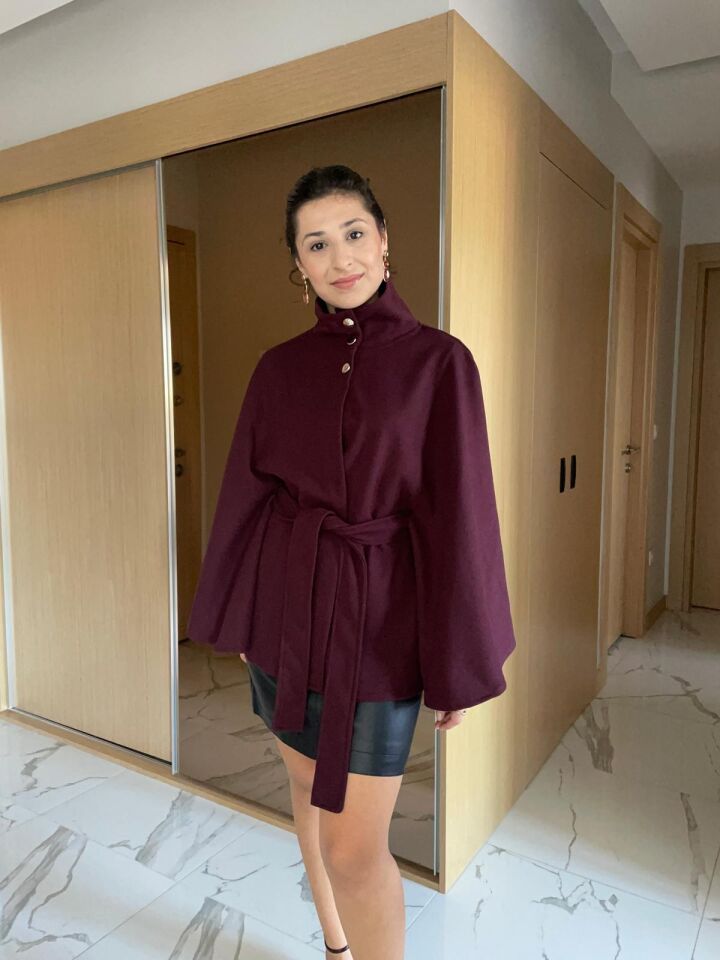 Bordo Kuşaklı Kaşe Panço