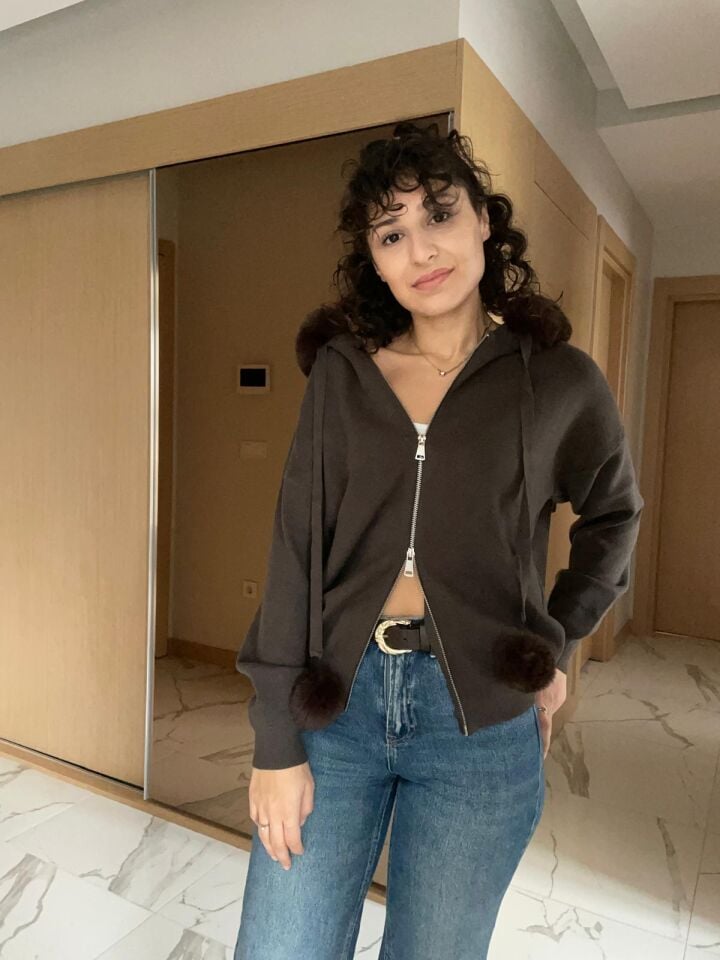 Kahve Korsman Kürklü Çift Fermuarlı Hırka